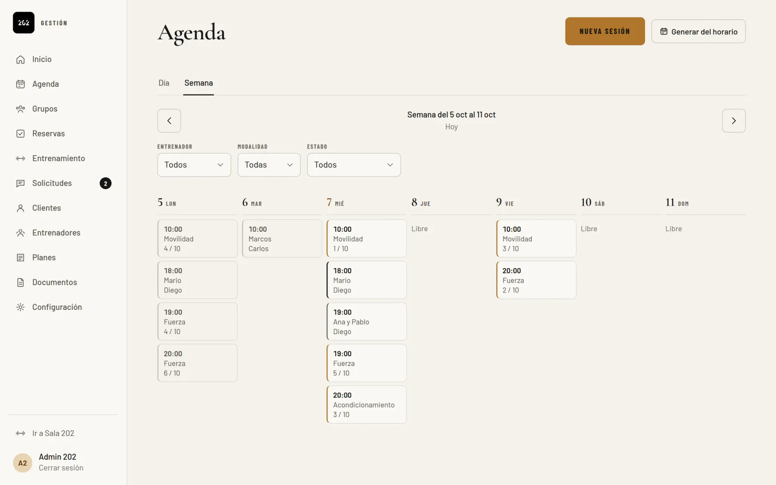 Agenda semanal del Panel 202: cada día con sus grupos y su ocupación sobre diez plazas y las sesiones individuales, con filtros por entrenador, modalidad y estado.
