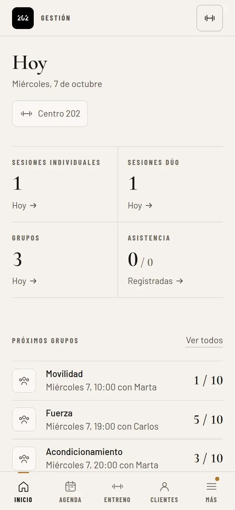 El Panel 202 en el móvil: el día del centro con las sesiones individuales, en dúo y de grupo, y la asistencia registrada.