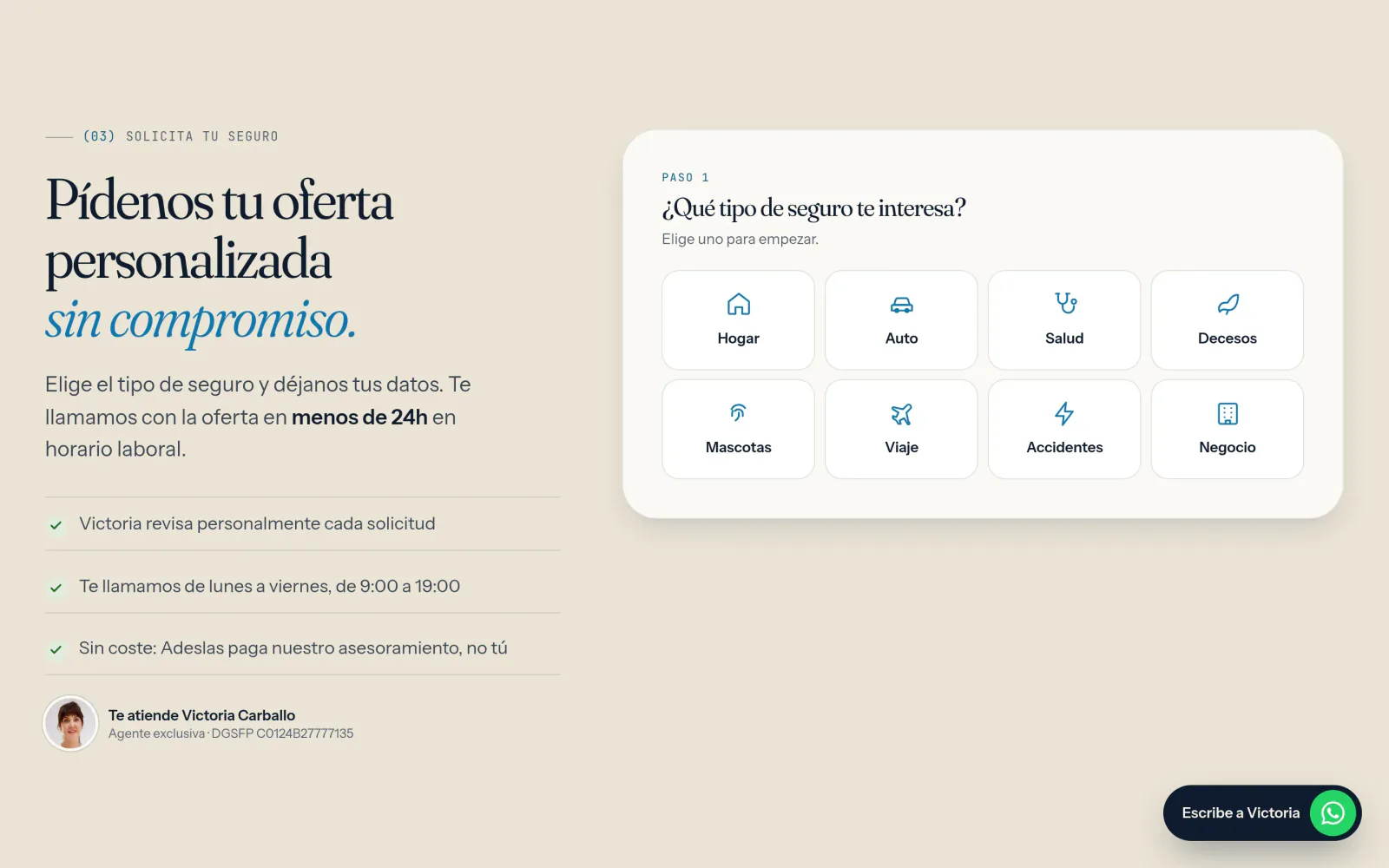 El formulario de presupuesto de ACV 21 en el ordenador: «Pídenos tu oferta personalizada sin compromiso» y los ocho tipos de seguro para elegir.