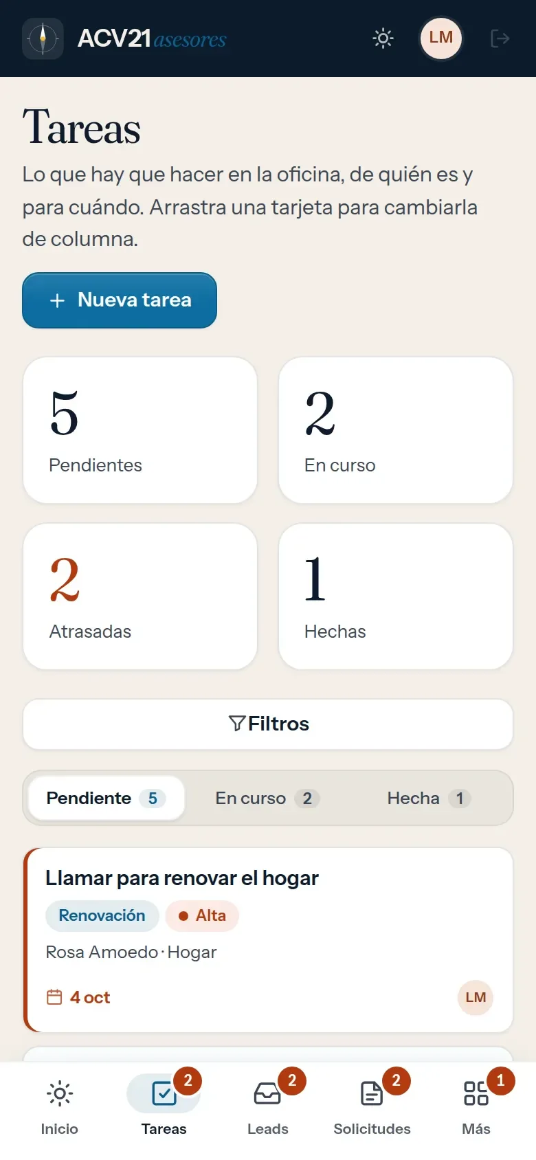 El tablero de tareas en el móvil: los cuatro contadores, los filtros y las pestañas de pendiente, en curso y hecha, con la barra de secciones abajo.
