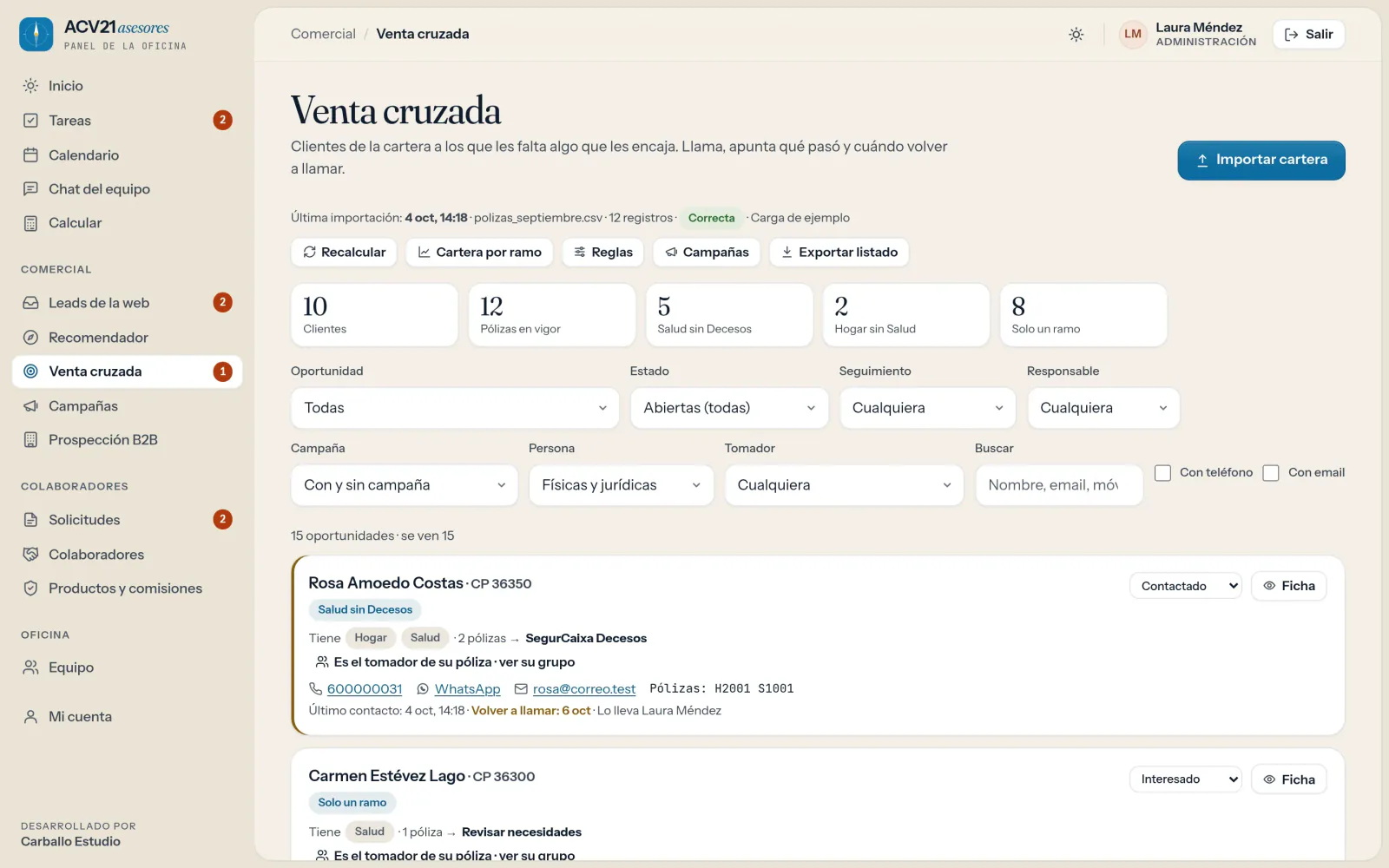 Venta cruzada en el panel de ACV 21: la última importación de la cartera, sus cifras —clientes, pólizas en vigor, salud sin decesos, hogar sin salud, sólo un ramo— y cada cliente inventado con lo que tiene, lo que le falta, su estado y cuándo volver a llamar.