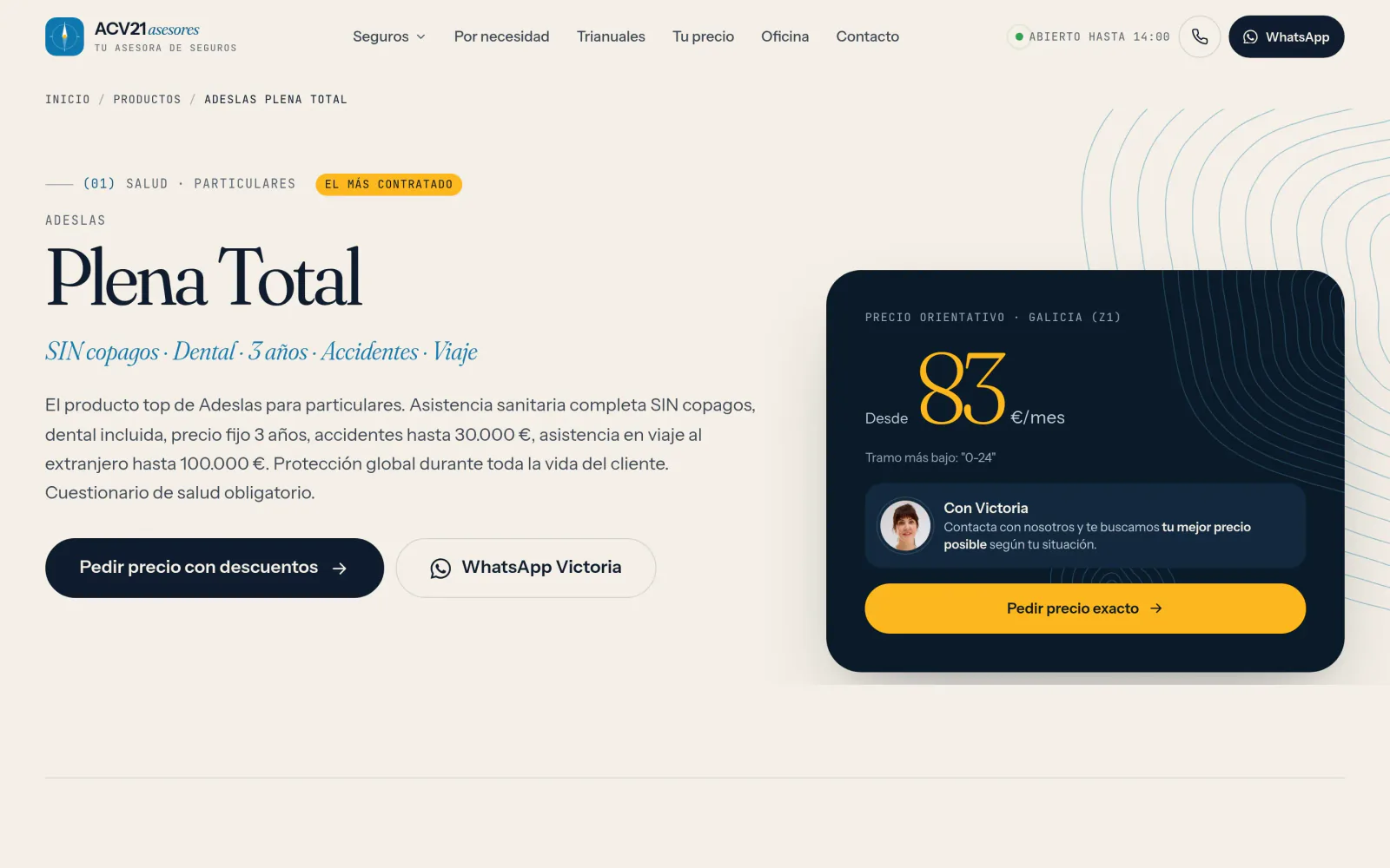 Ficha de un seguro de salud en la web de ACV 21: nombre, coberturas en una línea, precio orientativo desde y los botones para pedir precio o escribir por WhatsApp.