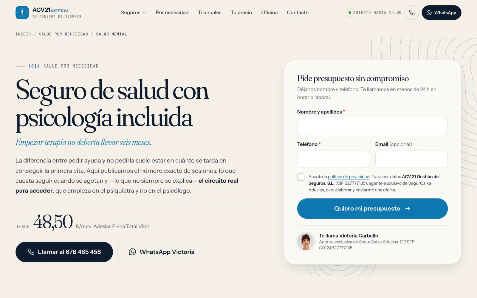 Una página por necesidad en la web de ACV 21: el seguro de salud con psicología incluida, con su explicación y el formulario corto a la derecha.