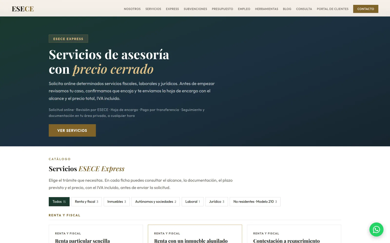 El catálogo de ESECE Express en la web: «Servicios de asesoría con precio cerrado» y los servicios por categorías.