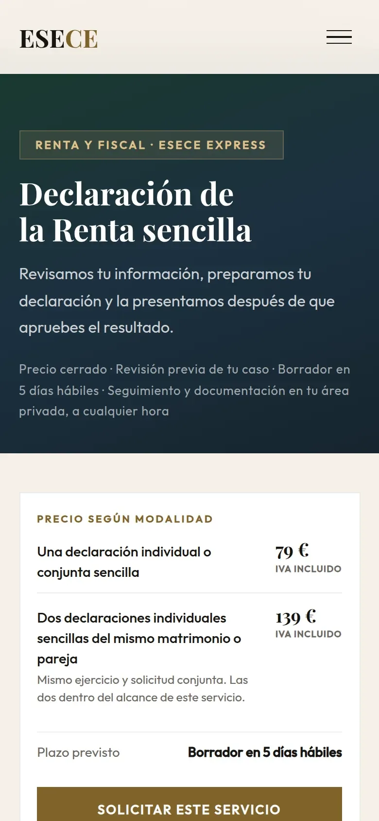 Ficha de un servicio de ESECE Express en el móvil: la declaración de la renta sencilla, qué es y su precio cerrado por modalidad, con el botón para solicitarlo.
