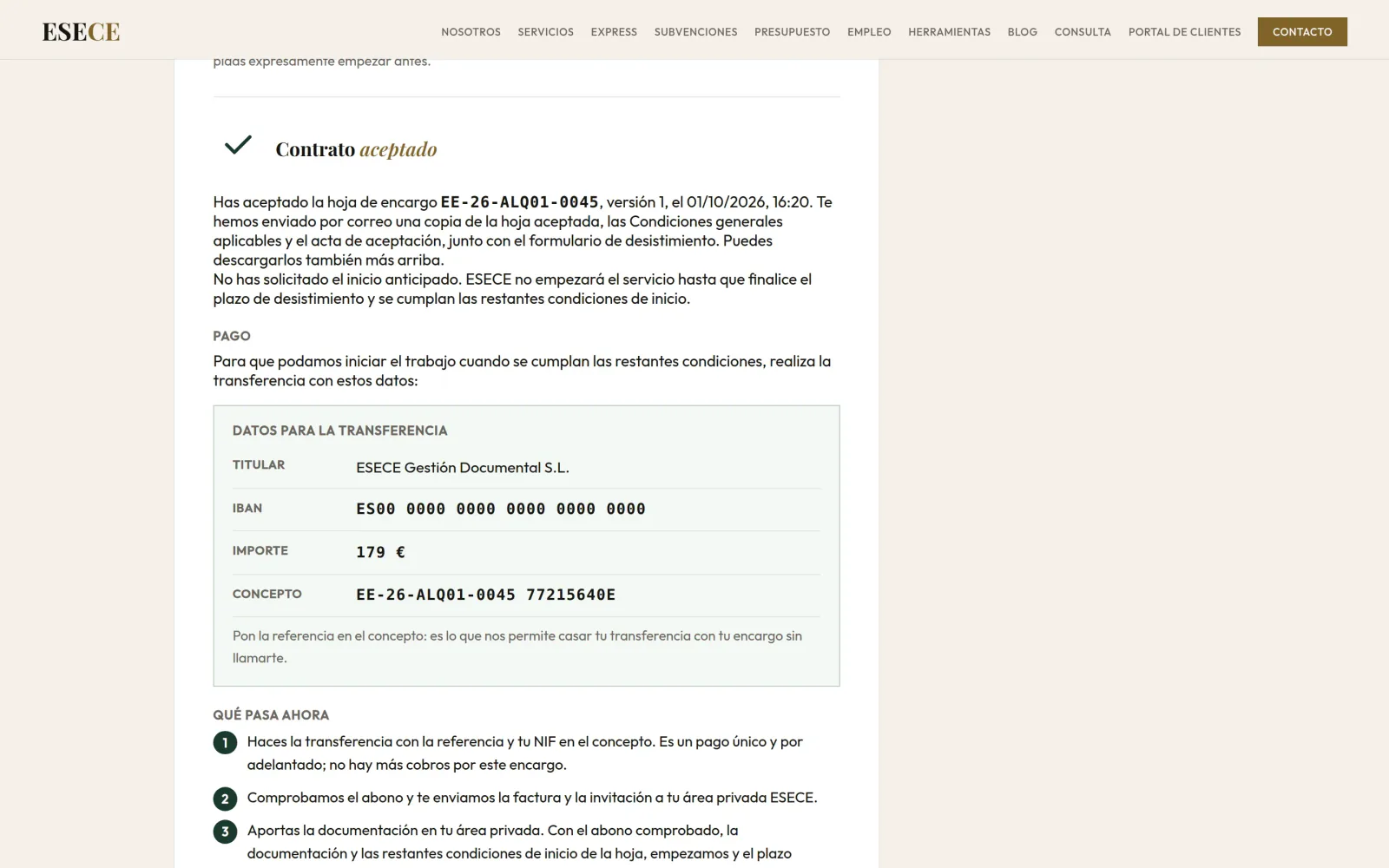 La hoja de encargo ya aceptada en ESECE Express: «Contrato aceptado» y los datos para la transferencia, con una cuenta ficticia.
