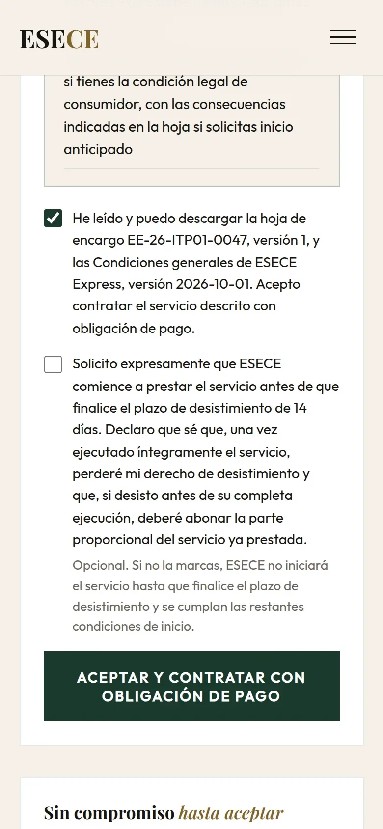 La hoja de encargo de ESECE Express en el móvil: las casillas de aceptación y el botón «Aceptar y contratar con obligación de pago».