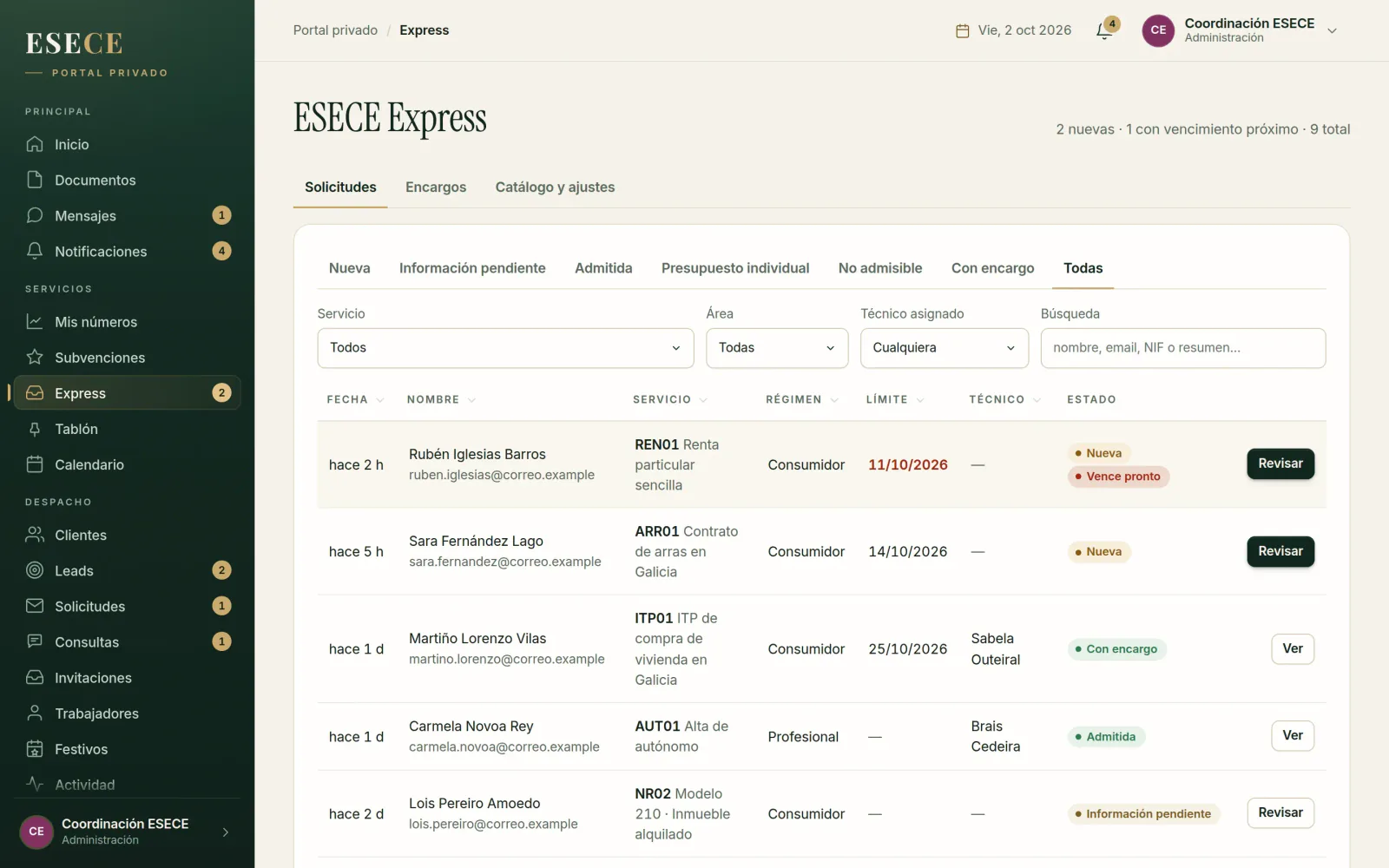 La bandeja de solicitudes de ESECE Express en el portal del despacho: cada solicitud con su servicio, su fecha límite, el técnico y su estado.