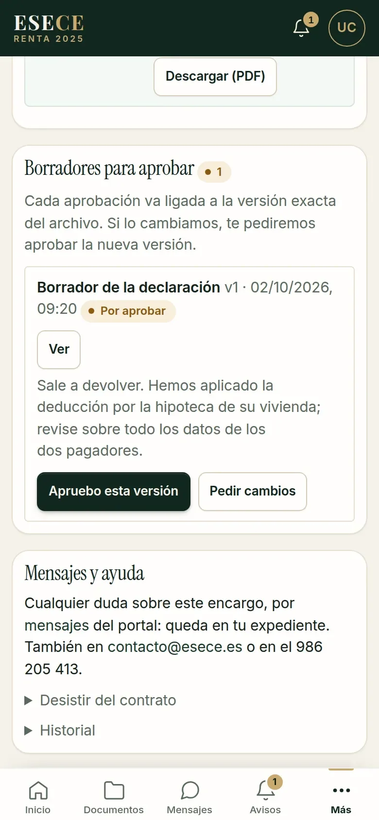 Un borrador de la declaración para aprobar desde el móvil en el portal, con los botones «Apruebo esta versión» y «Pedir cambios».