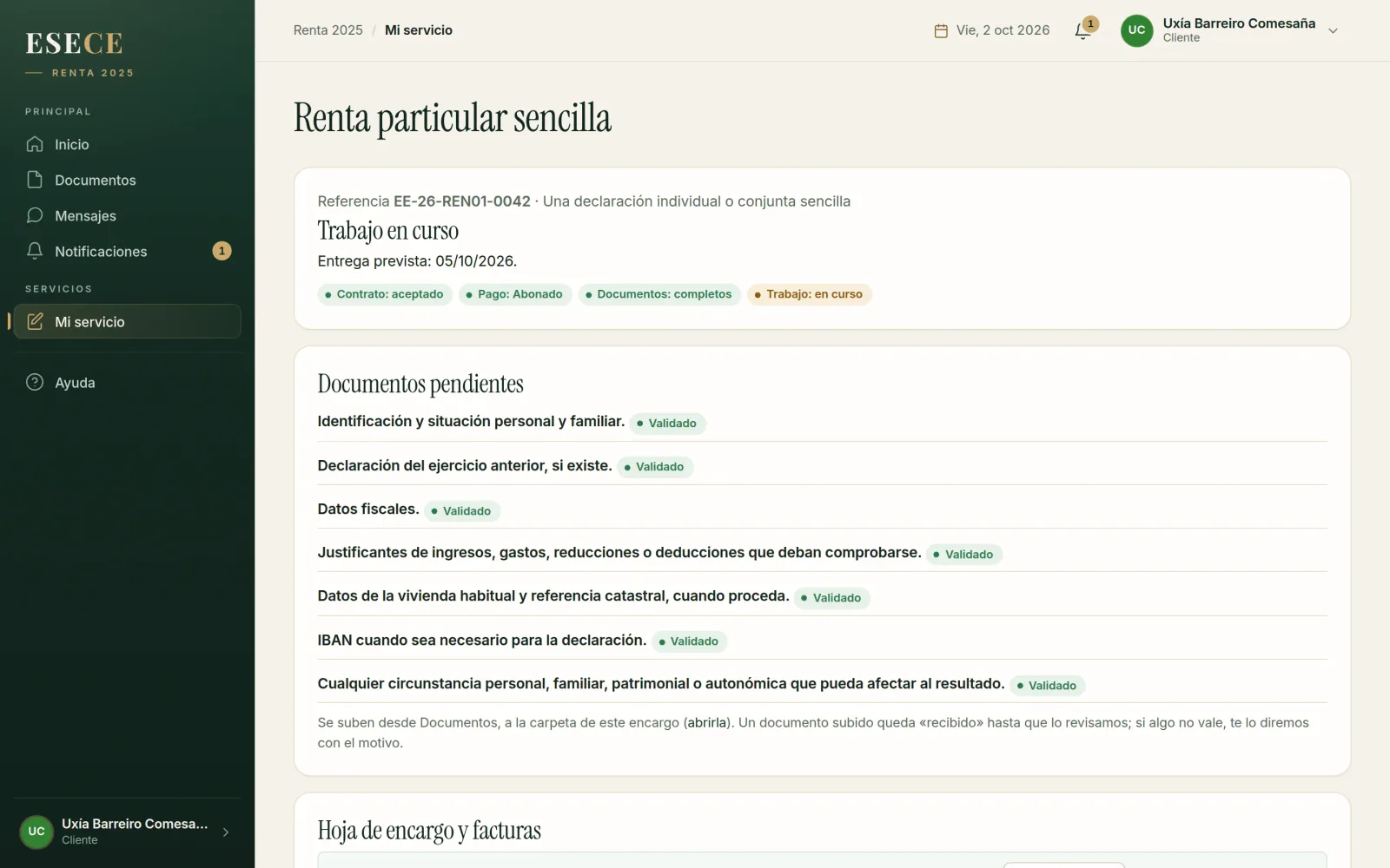 «Mi servicio» en el portal de ESECE: el encargo de una renta con su referencia, el trabajo en curso, la entrega prevista y la lista de documentos pendientes, todos validados.