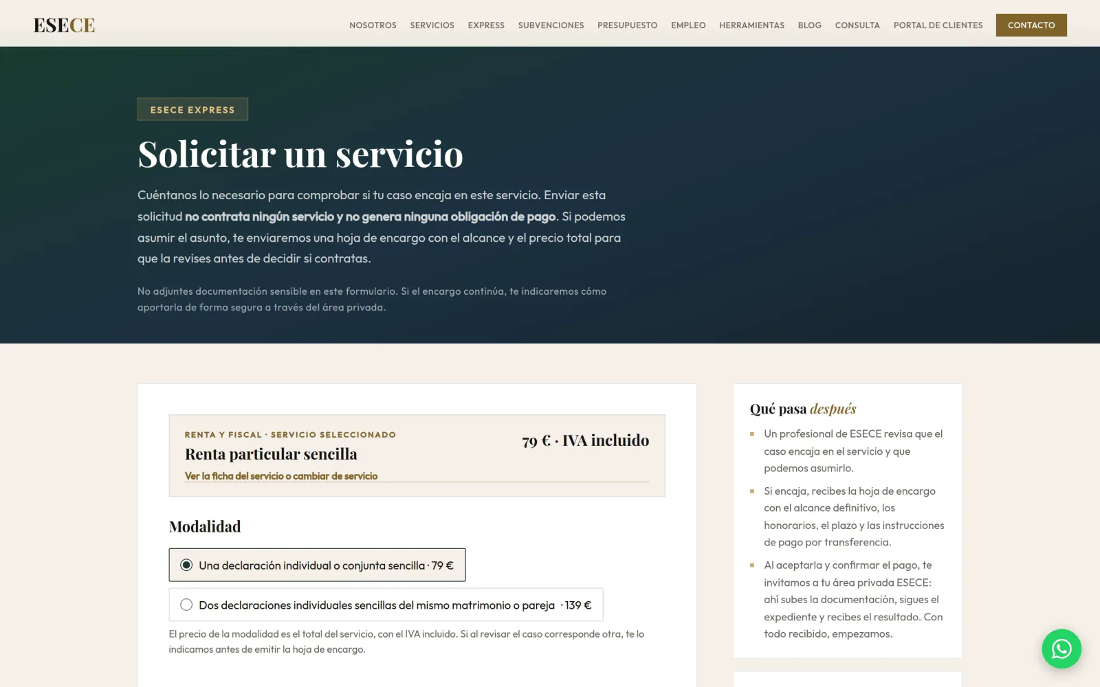 El formulario de solicitud de ESECE Express con el servicio elegido y sus modalidades.
