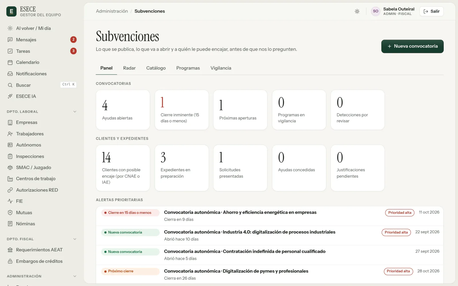 El panel de subvenciones del gestor de ESECE: convocatorias abiertas y en cierre, clientes que pueden optar, expedientes y alertas.