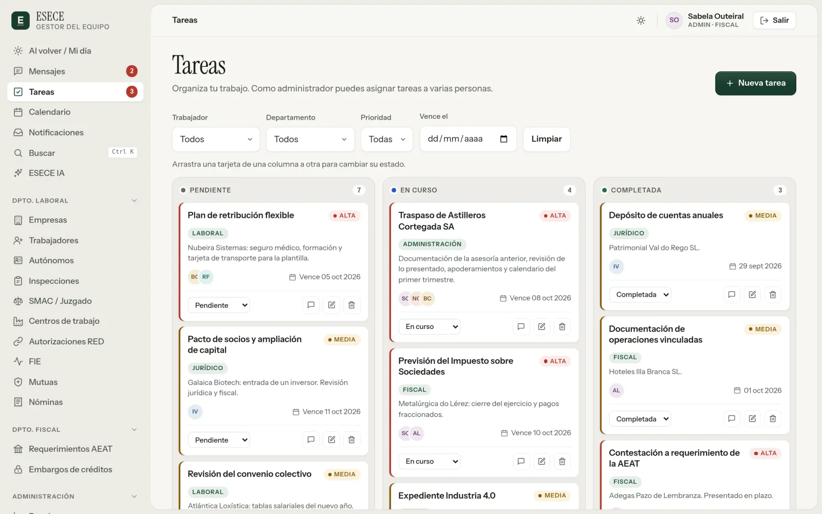 El tablero de tareas del gestor de ESECE en tres columnas: pendiente, en curso y completada.
