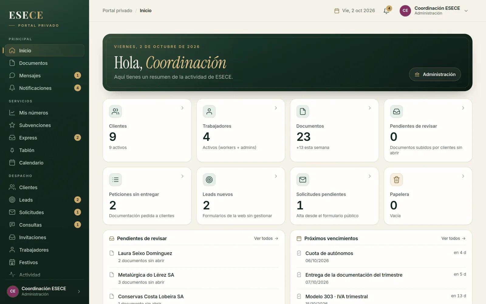 El inicio del portal para el despacho: contadores de clientes, documentos, peticiones y pendientes.