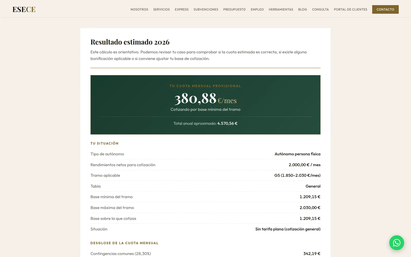 La calculadora de cuota de autónomos de la web de ESECE con un resultado de ejemplo: la cuota mensual provisional y su desglose.