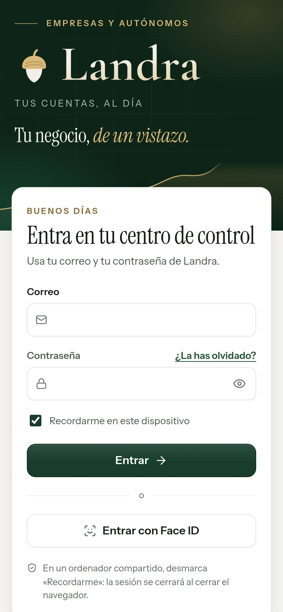 La pantalla de acceso de Landra en un iPhone, con el lema «Tus cuentas, al día» y el botón para entrar con Face ID.