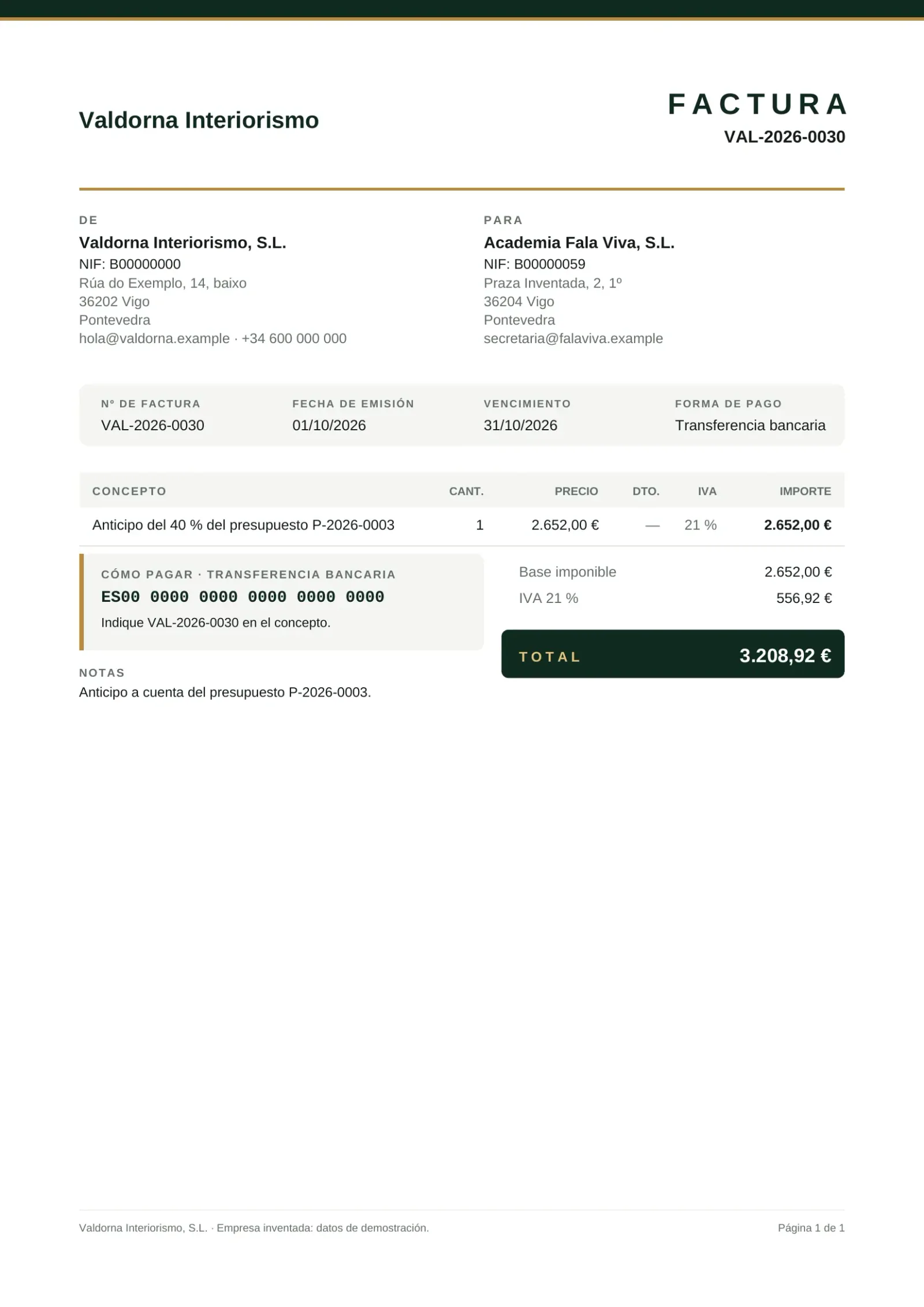 Una factura en PDF hecha por Landra para una empresa inventada: el anticipo del 40 % de un presupuesto, con los datos de las dos partes, el número, las fechas, la cuenta para pagar, el IVA y el total de 3.208,92 euros.