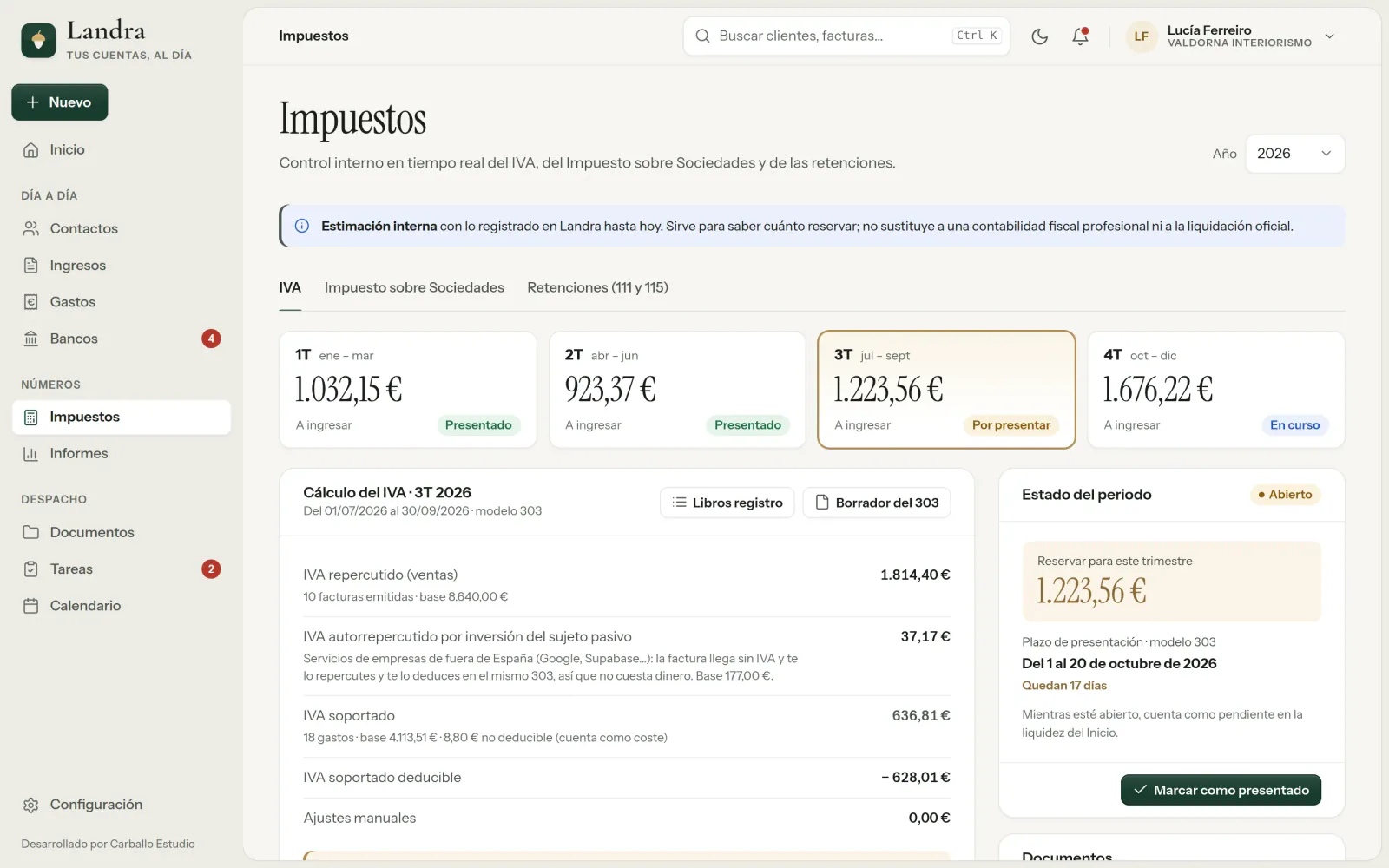 La pantalla de impuestos de Landra: el IVA de los cuatro trimestres de 2026 (dos presentados, uno por presentar y otro en curso), el cálculo del tercero con los botones de los libros registro y del borrador del 303 y, a la derecha, lo que hay que reservar, 1.223,56 euros, y el plazo para presentarlo, del 1 al 20 de octubre.