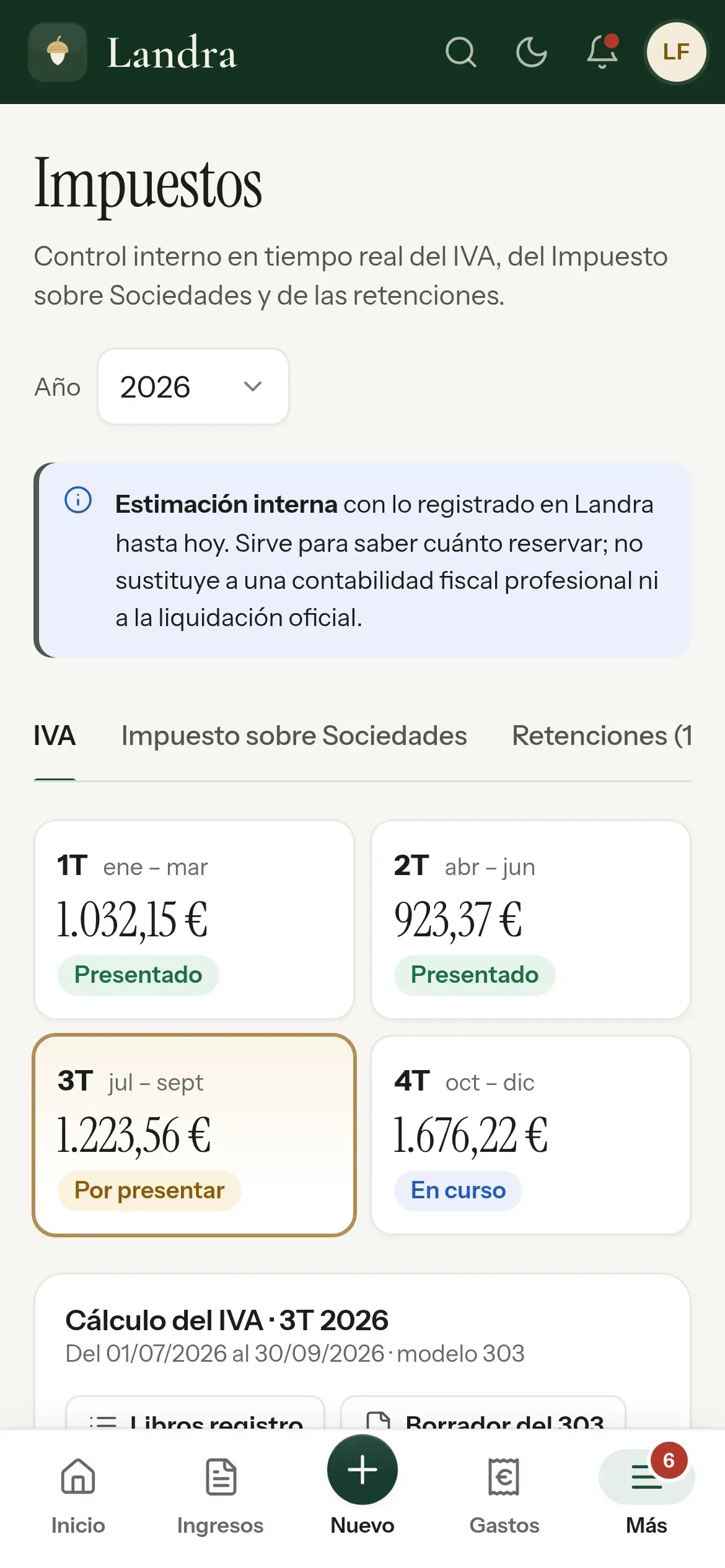 Impuestos en el móvil: el aviso de que es una estimación interna y los cuatro trimestres del IVA con lo que sale a ingresar y su estado.