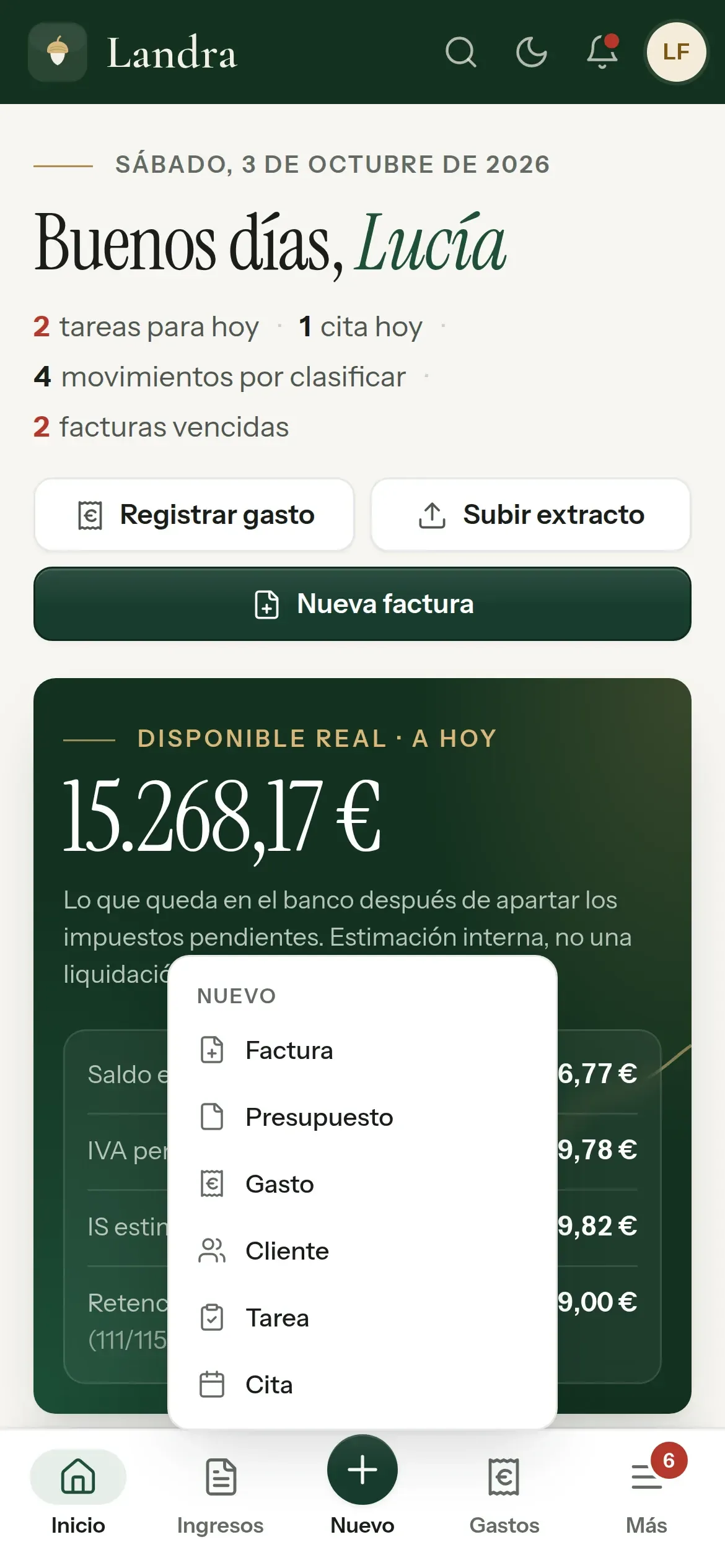 El botón Nuevo de la barra del móvil, abierto: factura, presupuesto, gasto, cliente, tarea o cita.