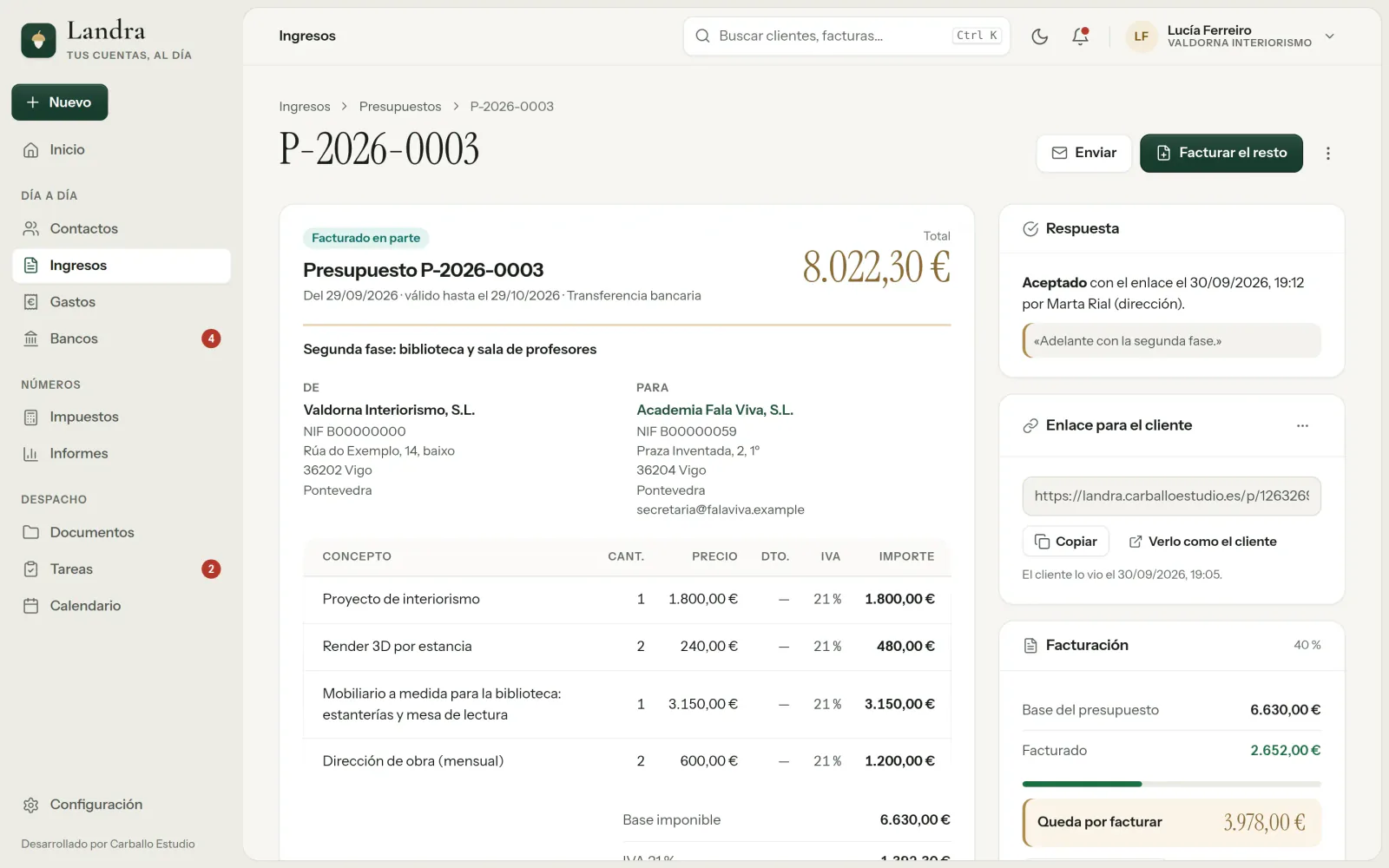 Un presupuesto en Landra, facturado en parte: aceptado con el enlace el 30 de septiembre a las 19:12, con la nota de quien lo aceptó; el enlace para el cliente, que dice cuándo lo vio; los conceptos y, a la derecha, lo facturado, el 40 %, y los 3.978 euros que quedan por facturar.