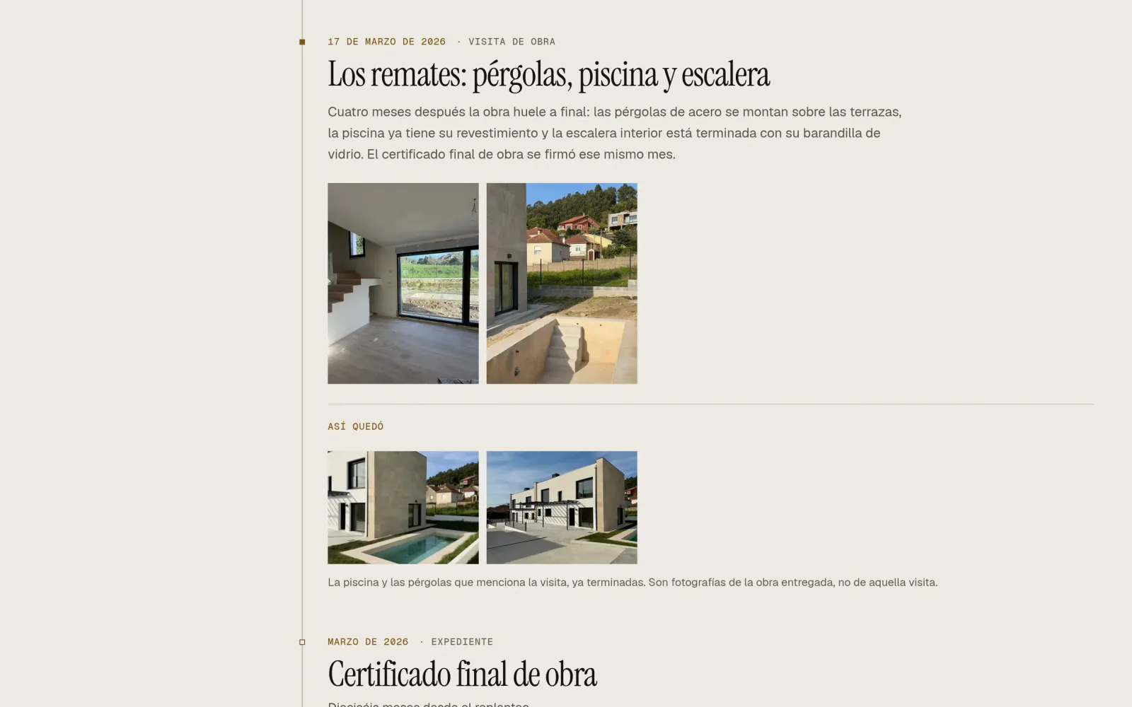 El cuaderno de obra de Castrelos: la visita del 17 de marzo de 2026, «Los remates: pérgolas, piscina y escalera», con su texto y las fotografías de aquel día y, debajo, «Así quedó», con la obra ya entregada.